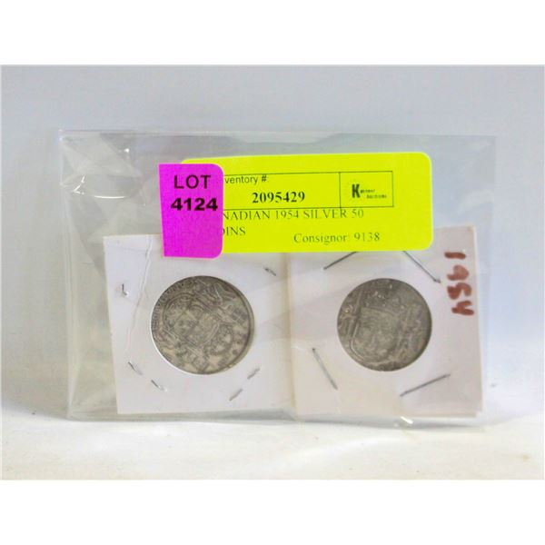 TWO CANADIAN 1954 SILVER 50 CENT COINS