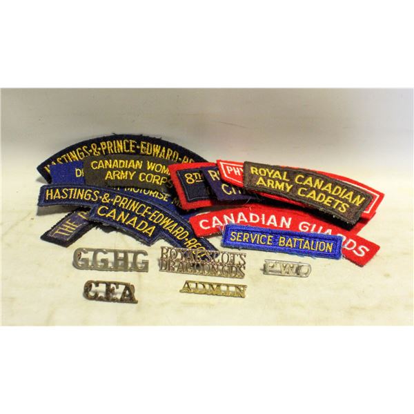 10 CLOTH AND 5 METAL CANADIAN SHOULDER