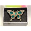 Image 1 : BUTTERFLY BROOCH 2.2”X1.6” GREEN+CLEAR RHINESTONES