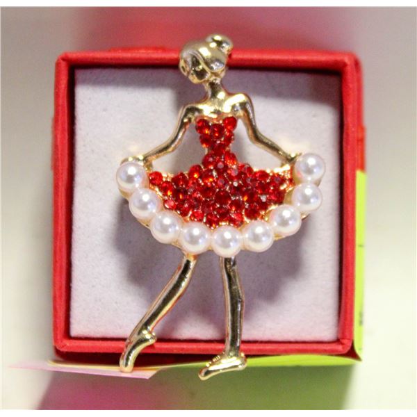 BALLERINA BROOCH W/RED RHINESTONES PEARL TRIM 2"