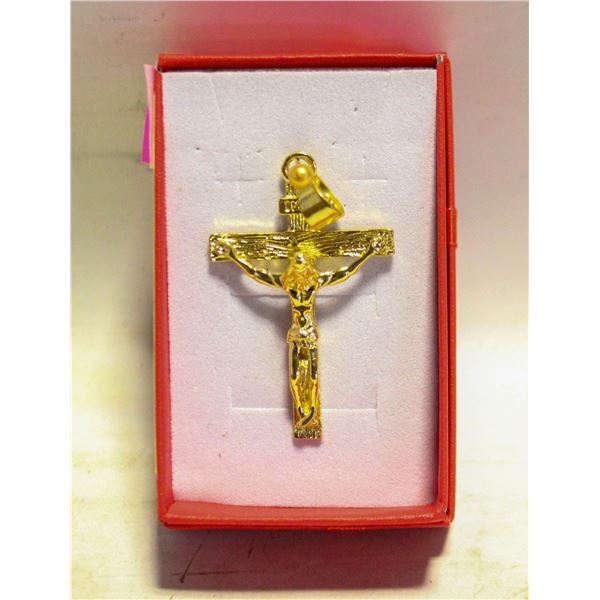 CRUCIFIX GOLD TONE FASHION PENDANT 2.1” X 1.3”