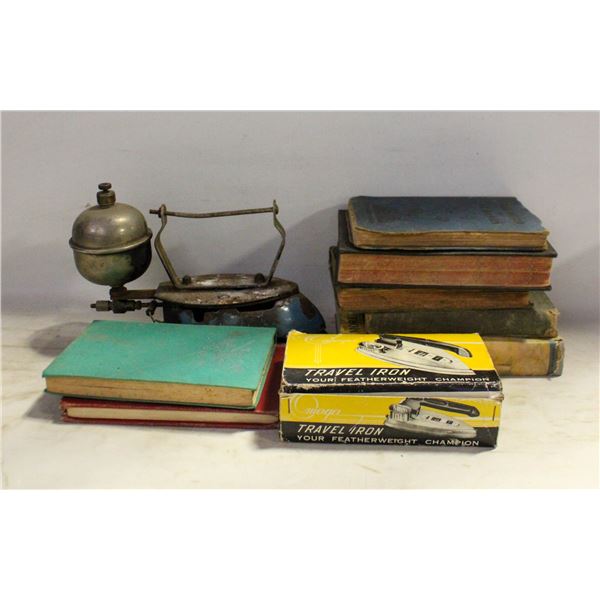 ANTIQUE HARDCOVER BOOKS + TRAVEL IRON +