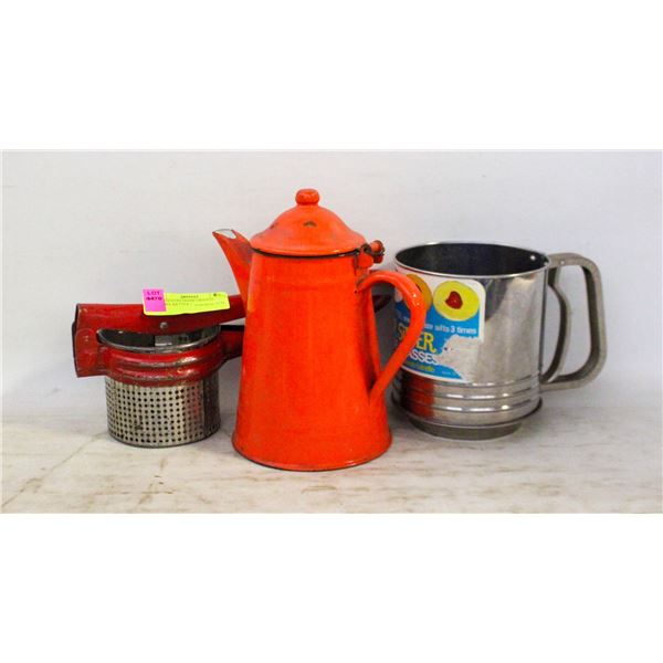 YUGOSLAVIA MADE ORANGE ENAMEL KETTLE +