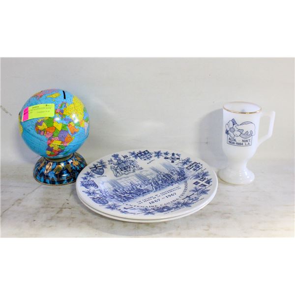 WORLD GLOBE SHAPED COIN BANK + MILK GLASS