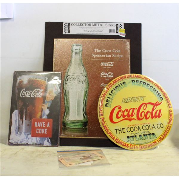 3 NEW COCA-COLA METAL SIGNS