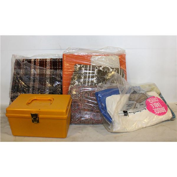 LOT OF VINTAGE FABRICS AND SEWING BOX