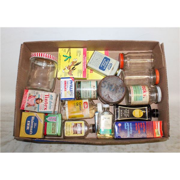 FLAT OF BATHROOM TINS AND BOTTLES