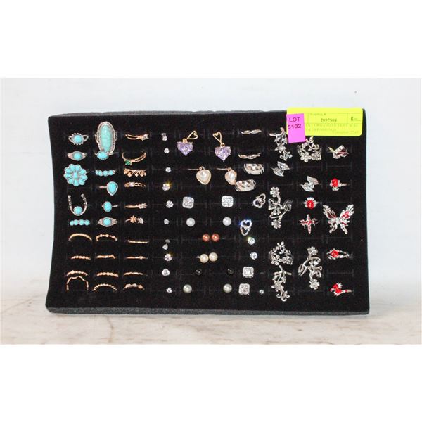 JEWELRY ORGANIZER TRAY W/44 RINGS & 18 EARRINGS