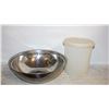 Image 1 : 2 - XXL METAL BOWLS & LARGE TUPPERWARE CONTAINER
