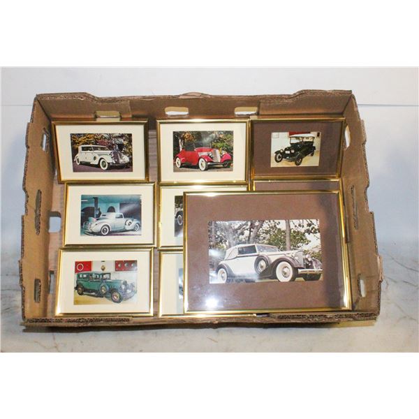 10 BRASS FRAMED ANTIQUE CAR PICTURES