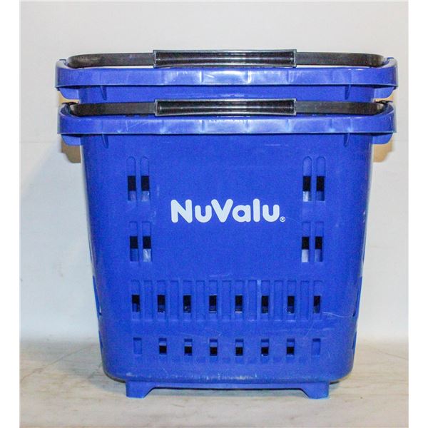 2 GROCERY BASKETS W/WHEELS+EXTENDABLE PULL HANDLES