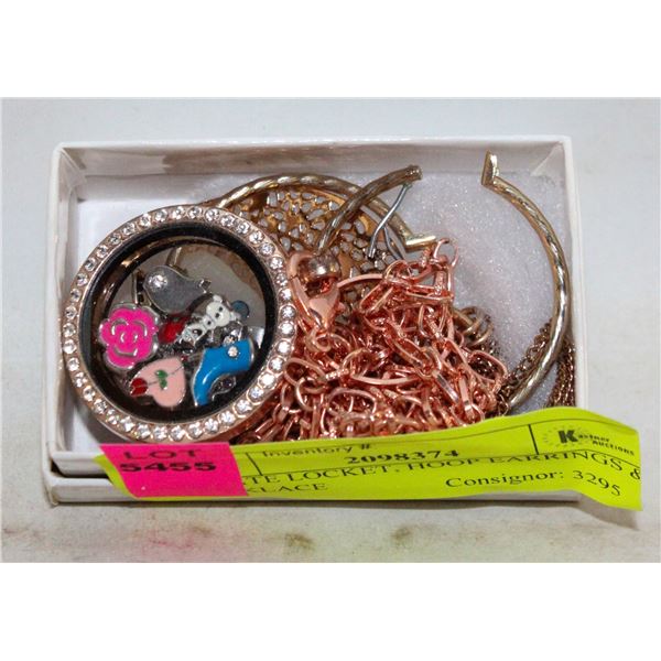ESTATE LOCKET, HOOP EARRINGS & NECKLACE