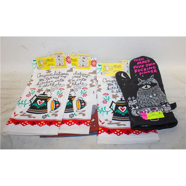 LOT OF BLUE Q DISHTOWELS AND OVEN MITT