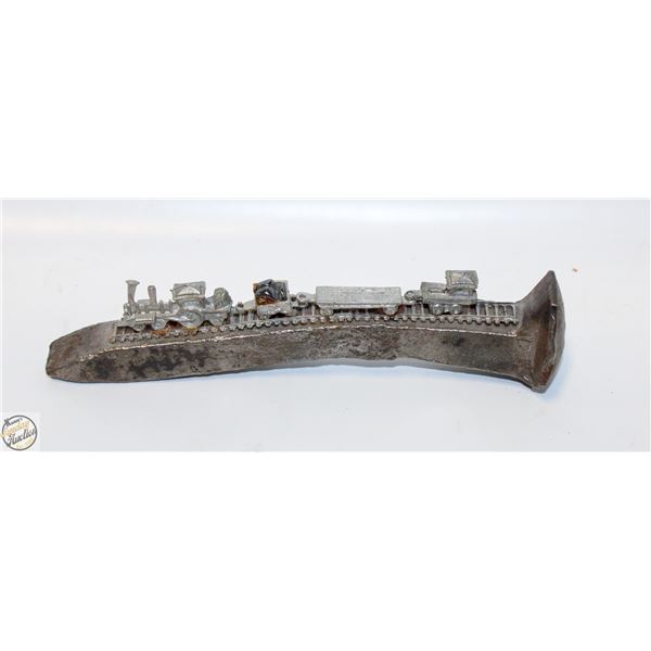 VINTAGE RAILWAY SPIKE WITH TRAIL AND RAIL CARS