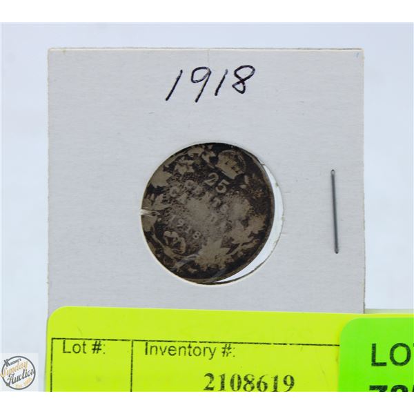 1918 CANADA SILVER 25 CENT COIN