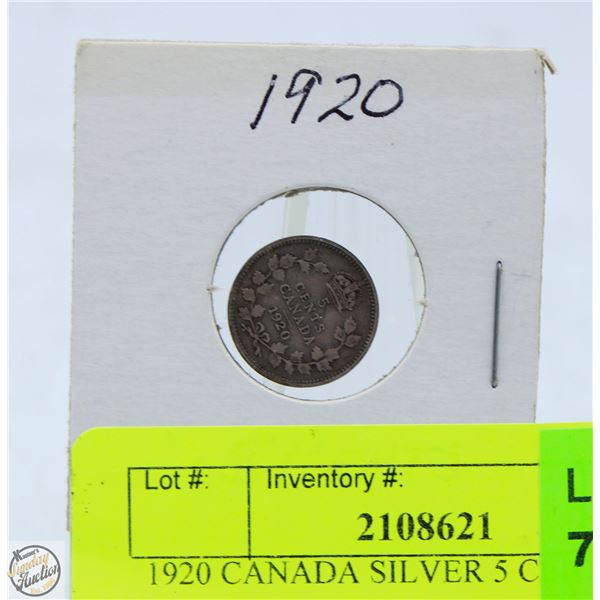 1920 CANADA SILVER 5 CENT COIN