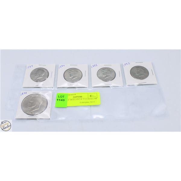 4 US HALF DOLLARS & 1 US DOLLAR