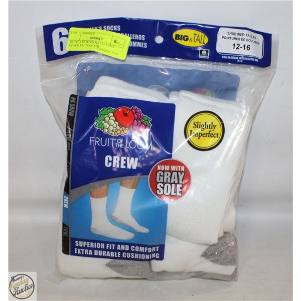 WHITE CREW SOCKS 12-16 SIZE 6-PACK FRUIT OF THE