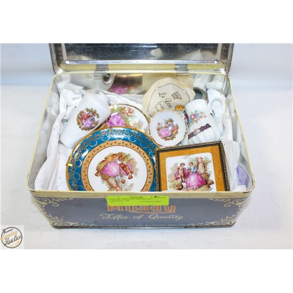 BUNDLE OF LIMOGES PIECES IN VINTAGE TIN