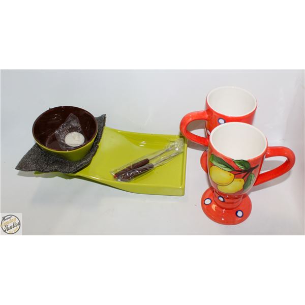 UNUSED FONDUE SET + 2 MATCHING LEMON