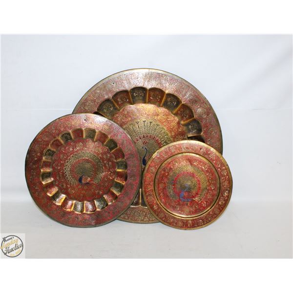 3 HAND ETCHED PEACOCK BRASS PLATES