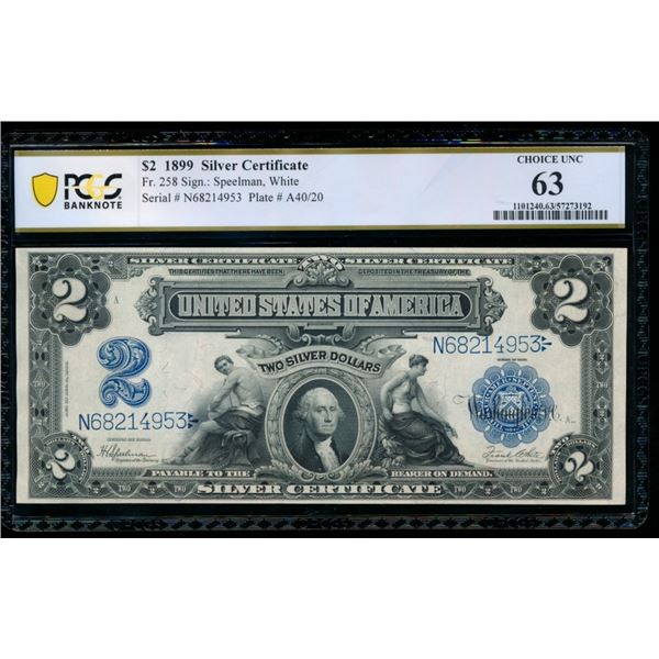 1899 $2 Mini Porthole Silver Certificate PCGS 63