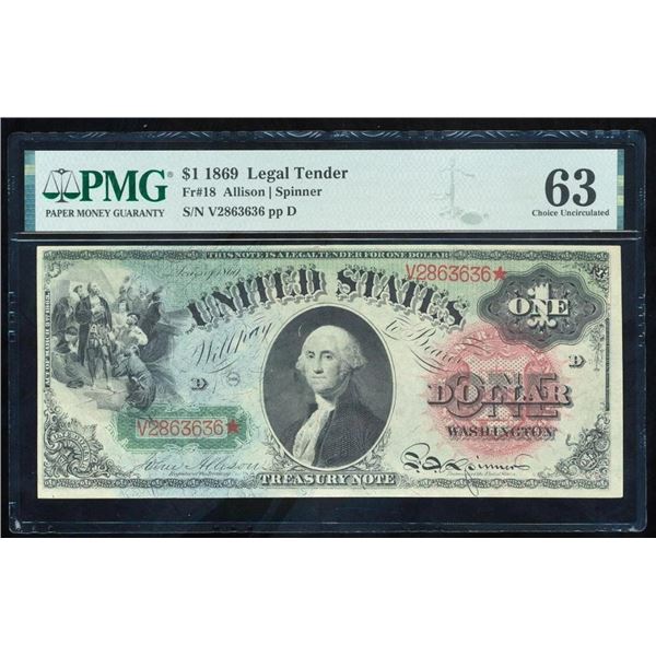 1869 $1 Rainbow Legal Tender Note PMG 63