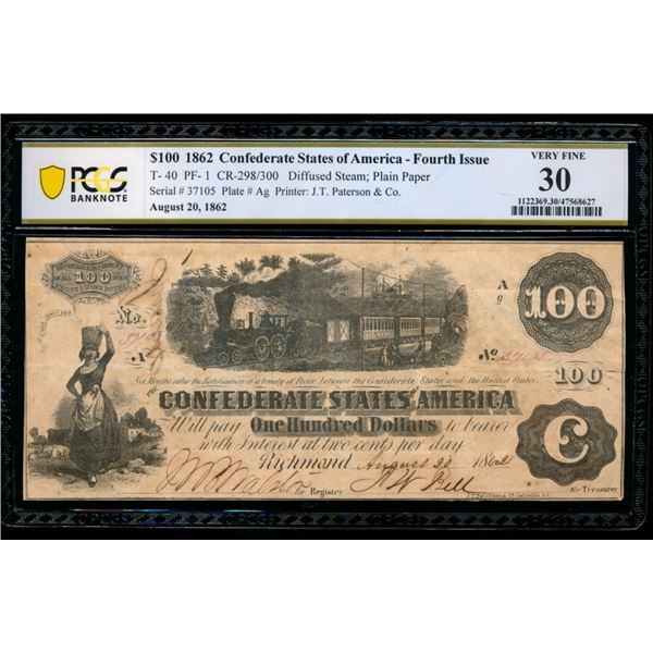 1862 $100 T-40 Confederate PCGS 30