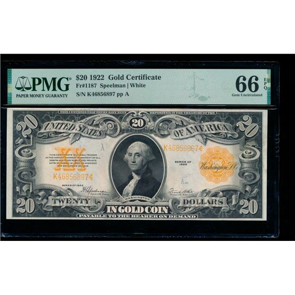 1922 $20 Gold Certificate PMG 66EPQ