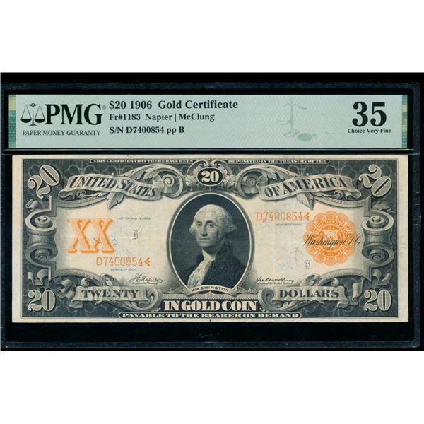 1906 $20 Gold Certificate PMG 35