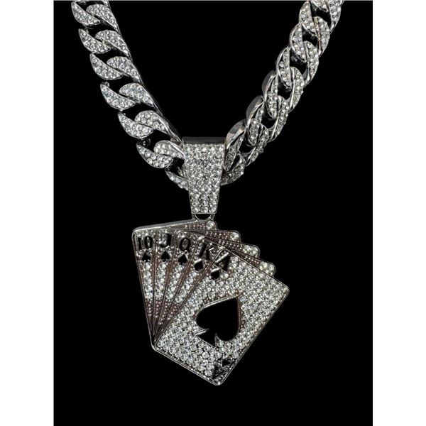 Huge 174 Gram 14 K White Gold Plate Royal Flush Chain Pendant