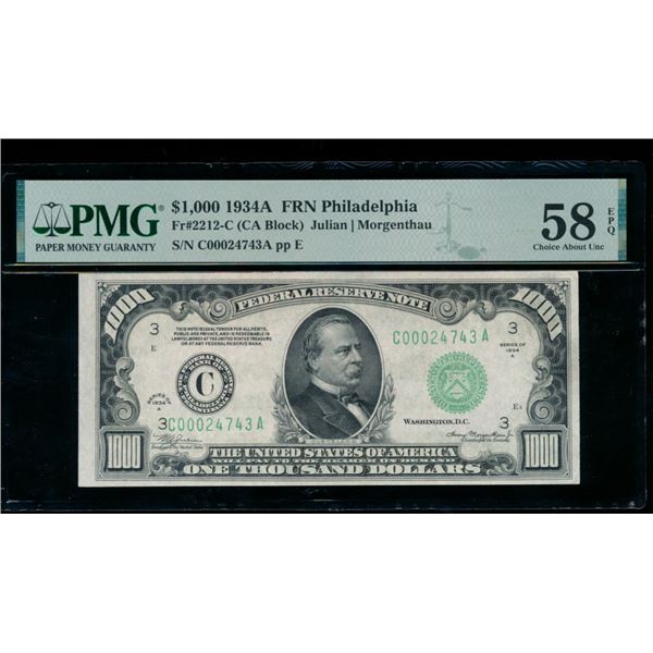 1934A $1000 Philadelphia FRN PMG 58EPQ