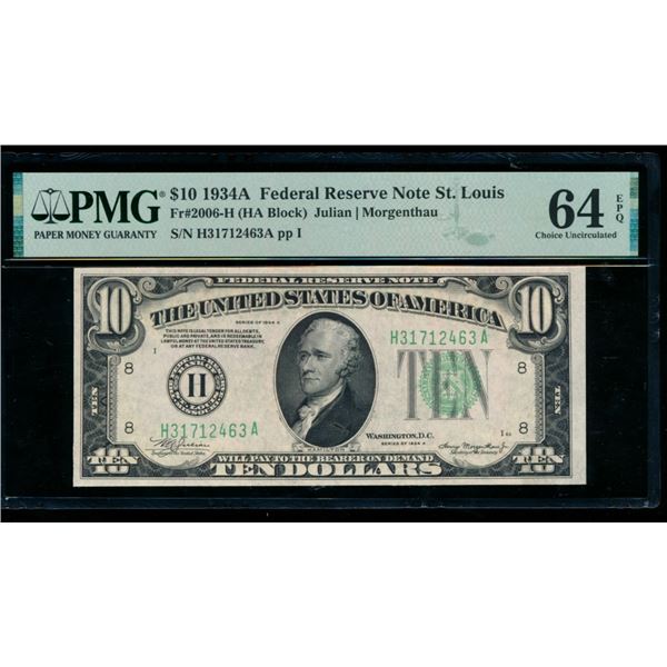 1934A $10 St Louis FRN PMG 64EPQ
