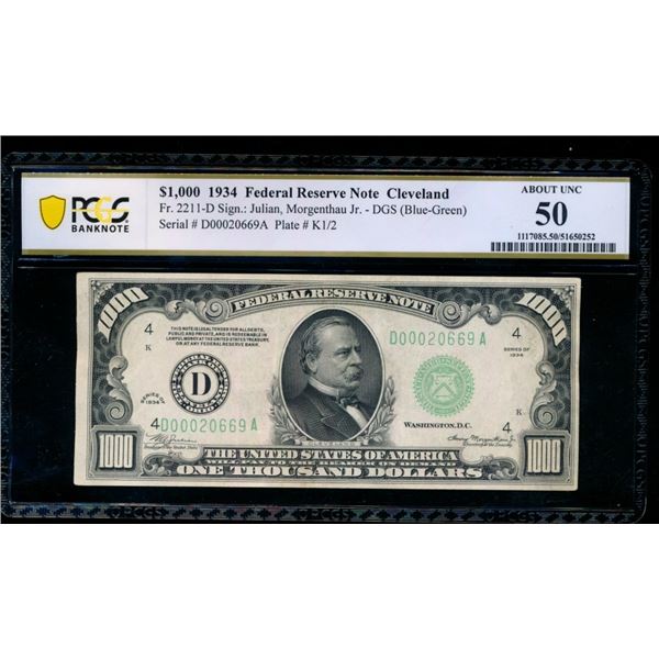 1934 $1000 Cleveland FRN PCGS 50