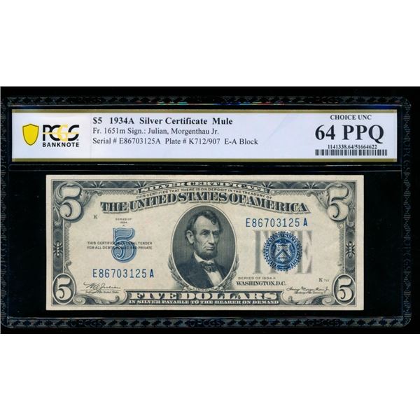 1934A $5 Silver Certificate PCGS 64PPQ
