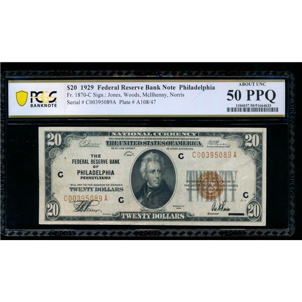 1929 $20 Philadelphia FRBN PCGS 50PPQ