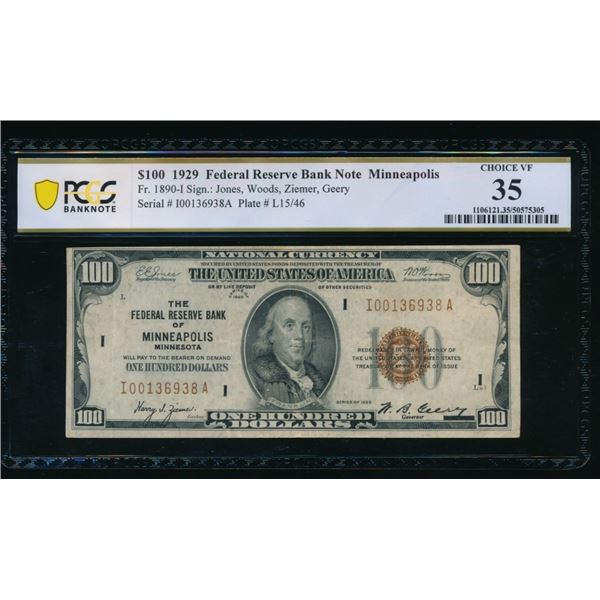 1929 $100 Minneapolis FRBN PCGS 35