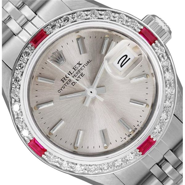 Rolex Ladies Stainless Steel Ruby And Diamond Bezel Date Watch