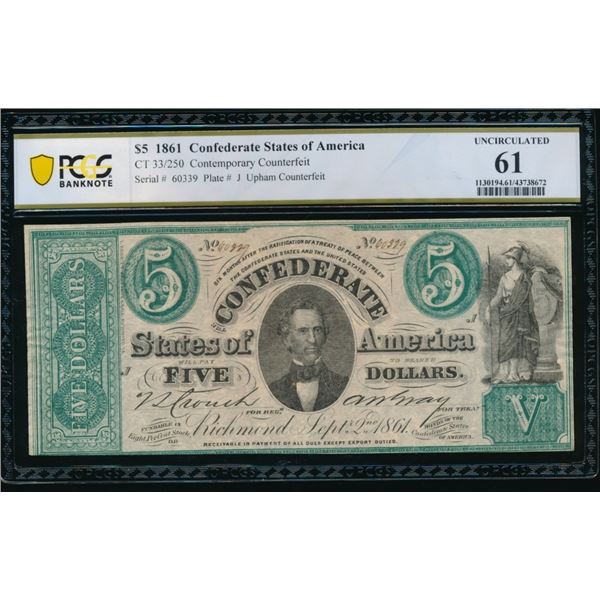 1861 $5 CT-33 Confederate PCGS 61