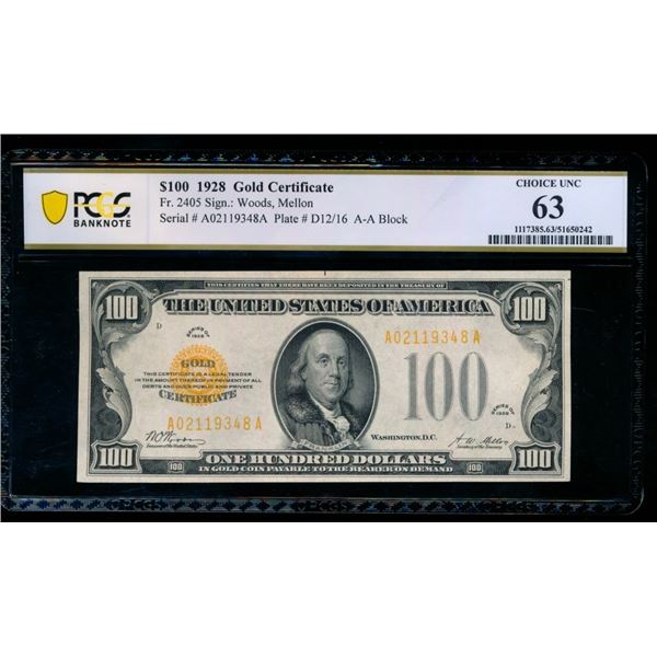 1928 $100 Gold Certificate PCGS 63