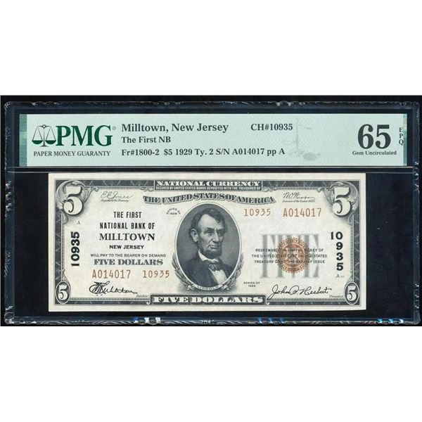 1929 $5 Milltown NJ National PMG 65EPQ