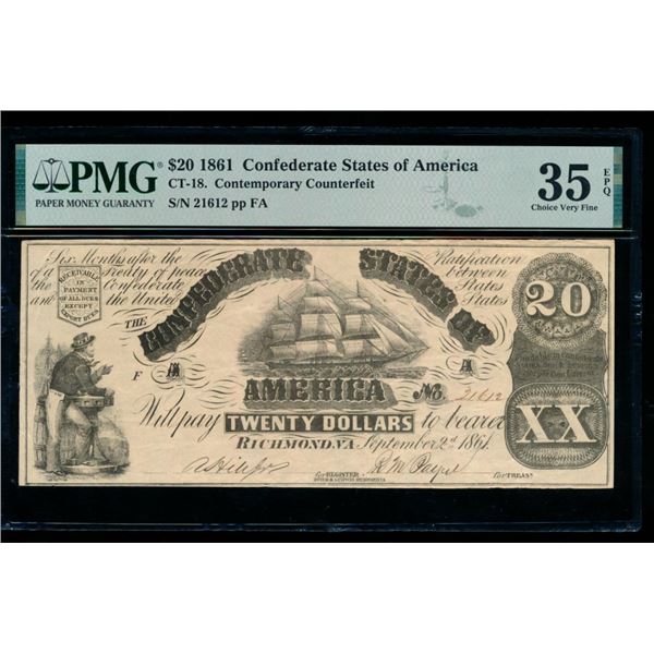 1861 $20 CT-18 Confederate PMG 35EPQ
