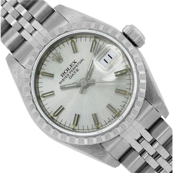 Rolex Ladies Stainless Steel Engine Turn Bezel Date Watch