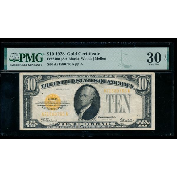 1928 $10 Gold Certificate PMG 30EPQ