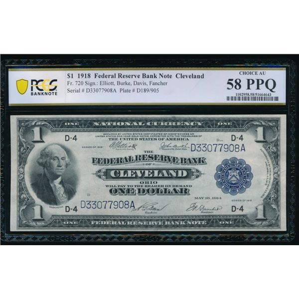 1918 $1 Cleveland FRBN PCGS 58PPQ