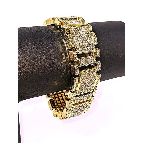 Huge 90 Gram 14 Kt Gold Plate Italian God Father Simulated Diamond Link Bracelet