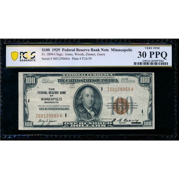 1929 $100 Minneapolis FRBN PCGS 30PPQ