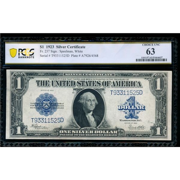 1923 $1 Silver Certificate PCGS 63