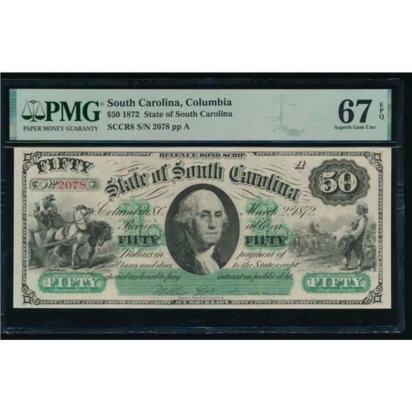 1872 $50 Columbia SC Obsolete Note PMG 67EPQ