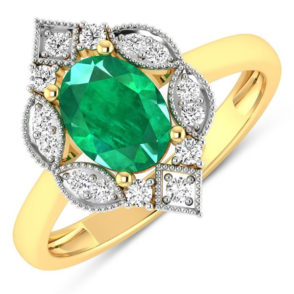 14KT Yellow Gold 1ctw Zambian Emerald and Diamond Ring